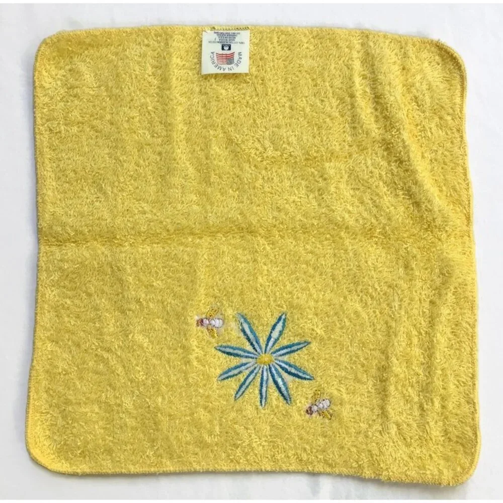 Vintage Honeybee & Flower Embroidered Towel Set 2 Pc Washcloth & Bath Yellow Bee